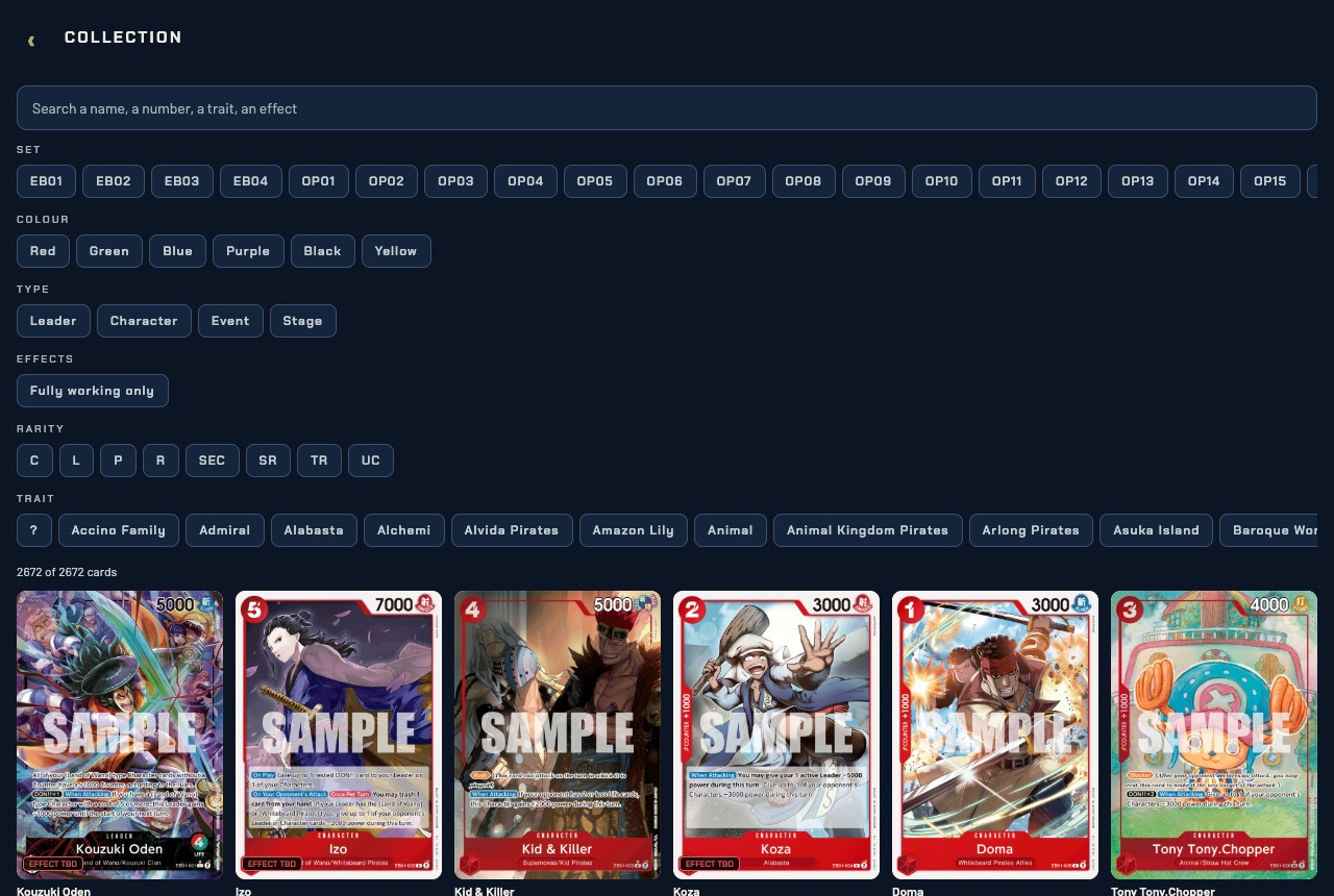 The card collection with search and filters