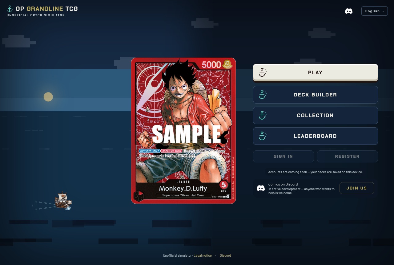 The animated main menu — a ship sails the Grand Line behind the deck menu